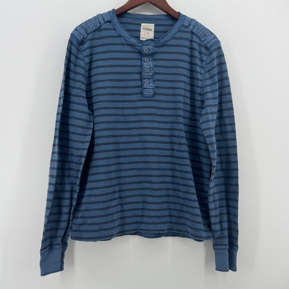 Fossil Mens Blue Striped Henley Shirt Long Sleeve Cotton Quilted Shoulder Large